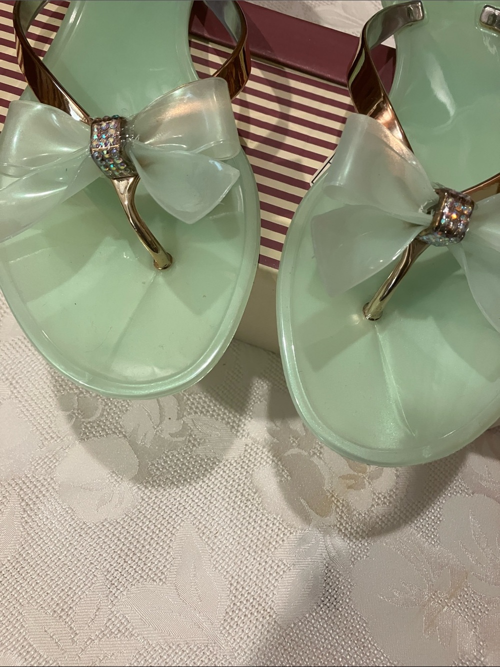 BAMBOO Mint Jelly Bow Thong Sandals with Crystal Accent